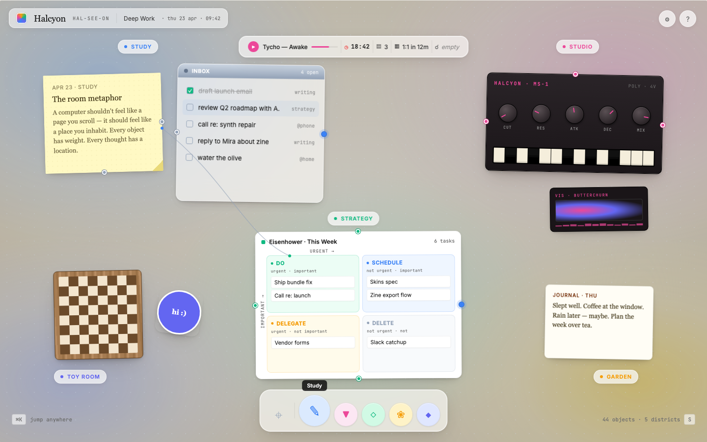 Halcyon spatial workspace with warm paper gradients, tool objects, cables, and five districts.