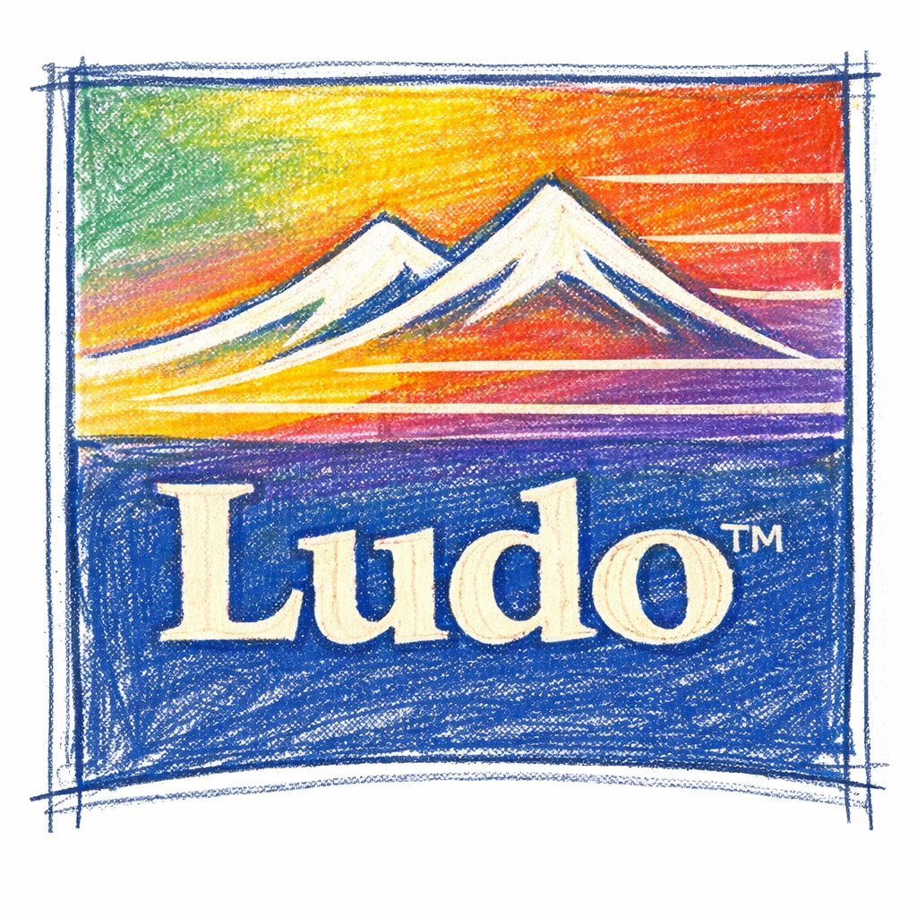 Crayon-style Ludo mark with mountains and sunset colors.