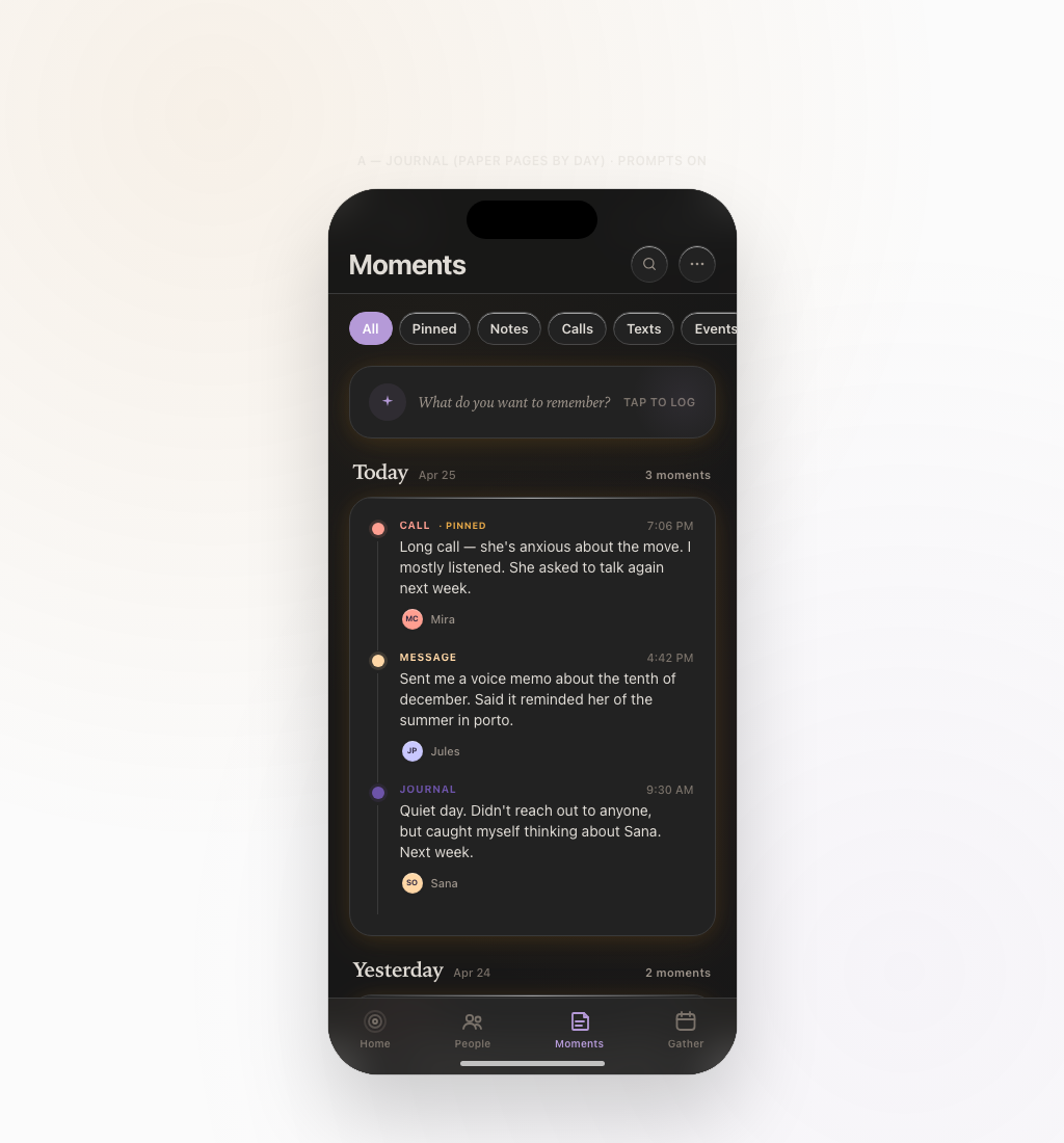 Orbit Moments handoff screen showing private relationship journal variants.