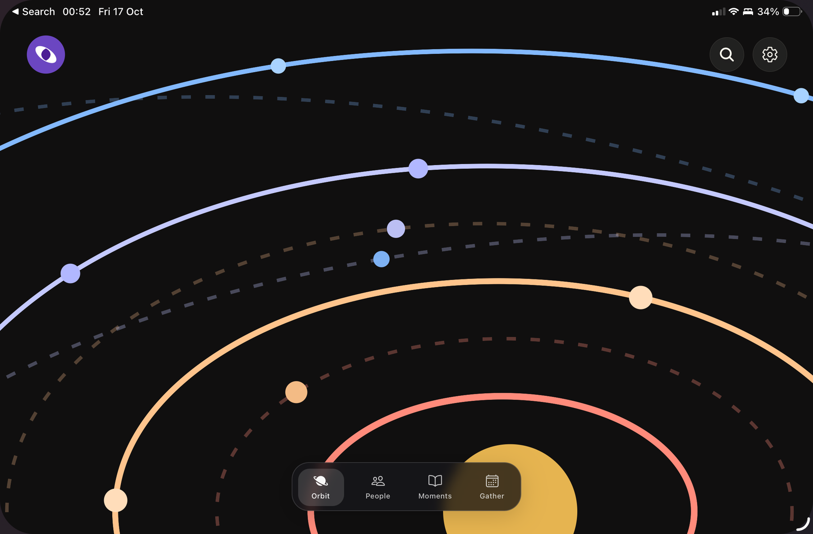 Orbit app UI showing colorful orbital paths and the bottom tab bar.