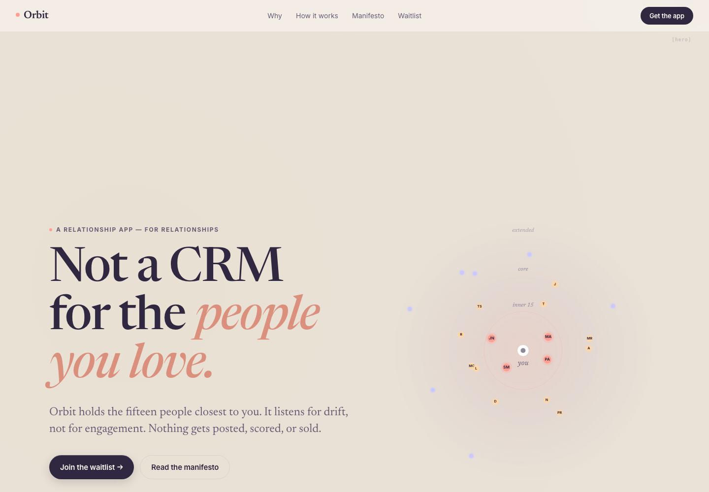 Orbit web handoff hero with editorial copy and a soft relationship orbit.