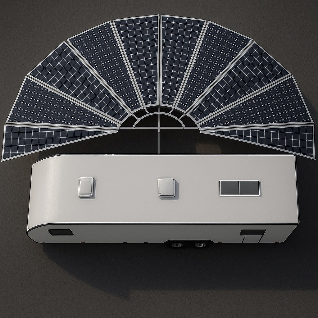 Fan-shaped solar awning deployed above a white trailer.