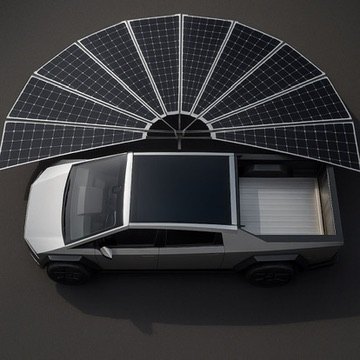 Fan-shaped solar awning deployed above an angular space-transporter-inspired vehicle.