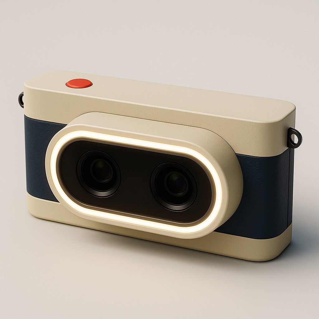 Cream rectangular spatial camera concept with a glowing stereo lens module.