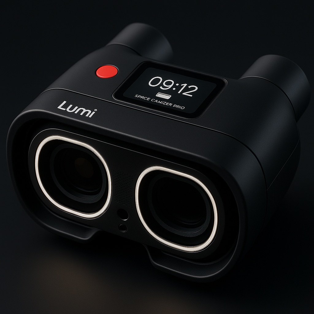Black binocular-style spatial camera concept with glowing lens rings.