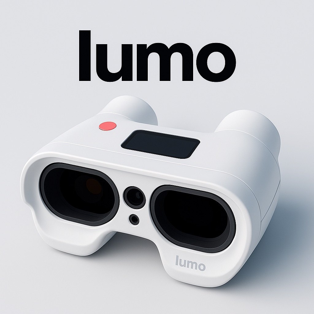 White binocular-style spatial camera concept with Lumo branding.