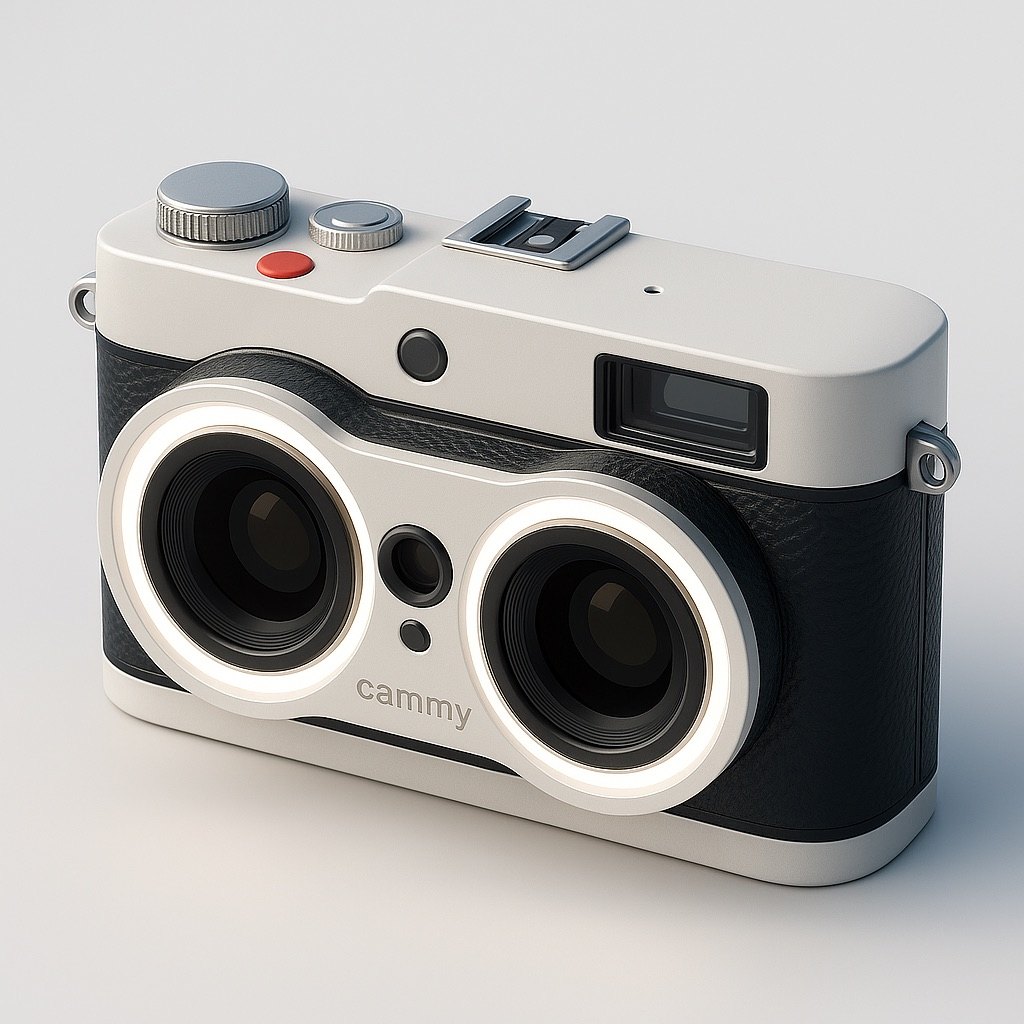 Rangefinder-style stereo camera concept with twin illuminated lenses.